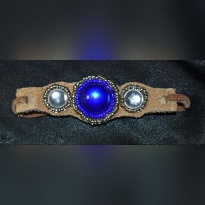 Blue Silver Beaded Suede Bracelet